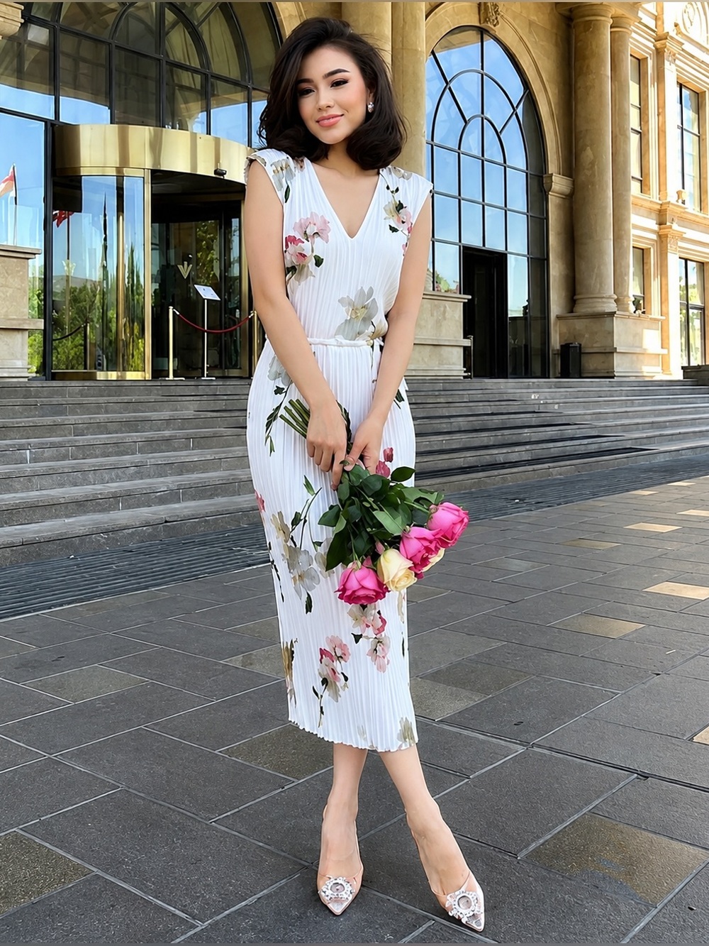 NWT ✨VINCE Floral Pleated V-Neck Midi Dress